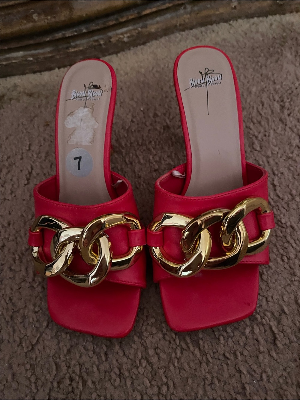 Bisou Bisou Red Slide Mules with Gold Chain Accent